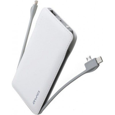 Awei P51K Power Bank 10000mAh Με Καλώδια Lightning, Micro USB και Type-C Άσπρο