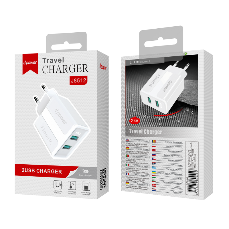 D-Power J8512  Φορτιστής Ταξιδιού Αντάπτορας 2 USB Charger 2.4Α Άσπρος