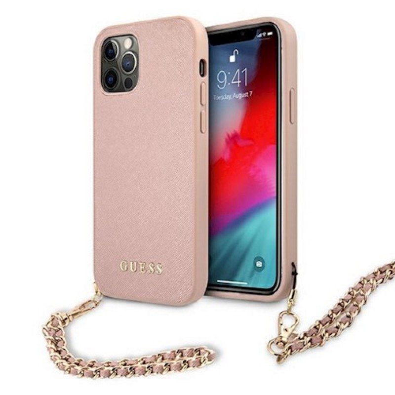 Guess Saffiano Chain Back Cover Για Apple iPhone 12 / 12 Pro 6,1'' με Λουράκι Ροζ