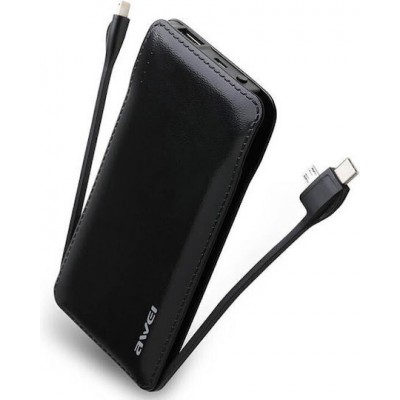 Awei P51K Power Bank 10000mAh Με Καλώδια Lightning, Micro USB και Type-C Μαύρο
