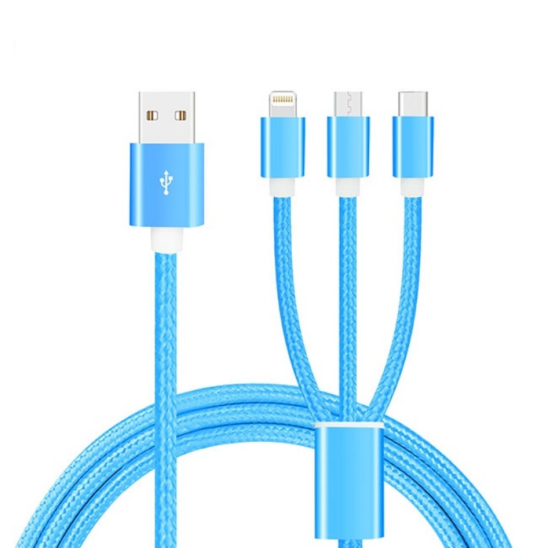 Oem Καλώδιο γρήγορης Φόρτισης 3 σε 1 USB με υποδοχή Lightning, Micro Usb και Usb Type-C 1,2 m μπλε 