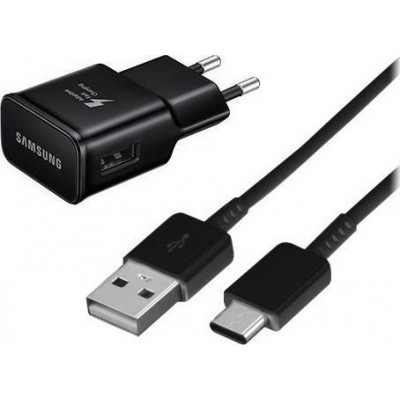 Σετ Φορτιστής Ταξιδιού Samsung 2000mAh USB Fast-Charge Και Καλώδιο σύνδεσης Type C Μαύρο (EP-TA20EBE+EP-DN950CBE Bulk - Μαύρο