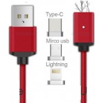 OEM Magnetic 3 in 1 USB to Lightning , Micro Usb, USB Type C Μαγνητικό Καλώδιο Φόρτισης και Δεδομένων Κόκκινο