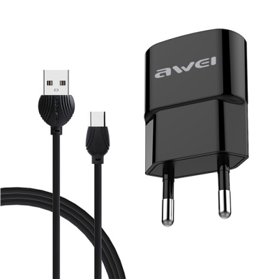 Σετ Φορτιστή Καλώδιο Φόρτισης AWEI C-13T USB 2.1A 1.2m Type C Μαύρο  